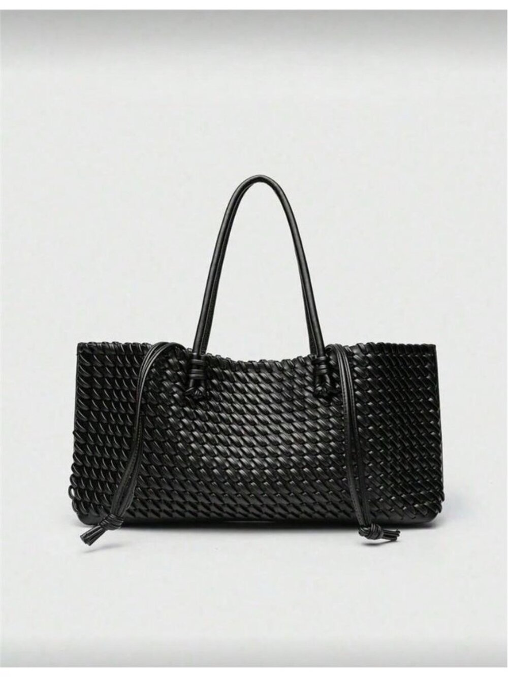 Black Women's Casual PU Leather Woven Handbag, Large Capacity Underarm Shoulder